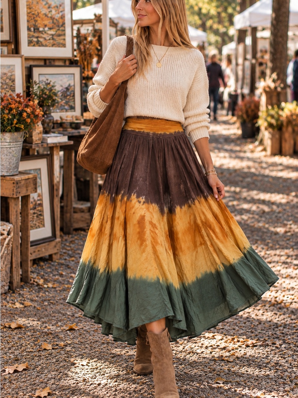 Baba Boho Tie-Dye Swing Maxi Skirt in Rust/Brown/Green-medium